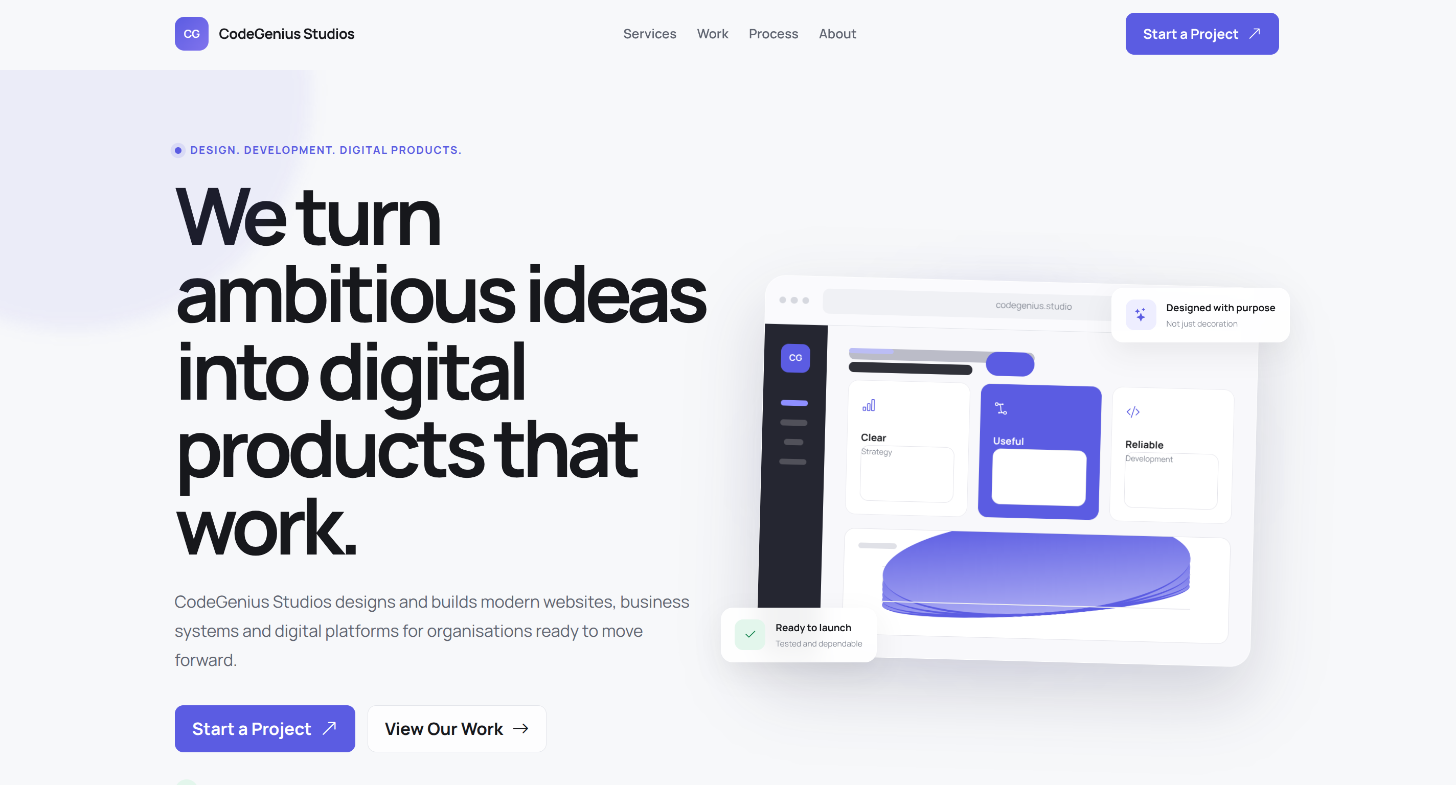 CodeGenius Studios website homepage displayed on desktop